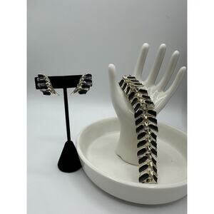 Vintage Gold Tone & Satin Black Enamel Bracelet & Earring Set